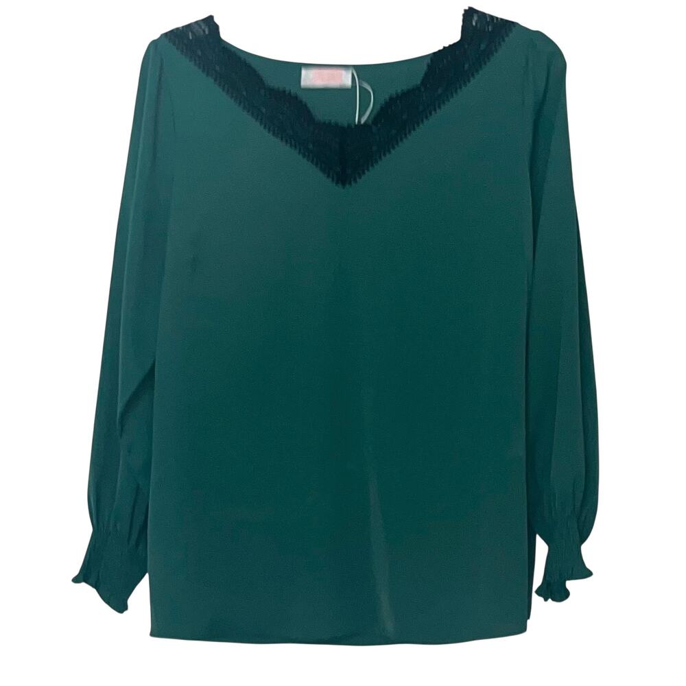 C+D+M LONG SLEEVE, V-NECK, PULL-OVER BLOUSE, WOMENS, XL, GREEN, BLACK LACE NECK